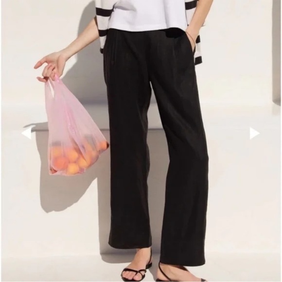 AYR S Al Fresco Black Linen Pants wide leg 0013 pleated elastic waist pull the - Picture 1 of 12
